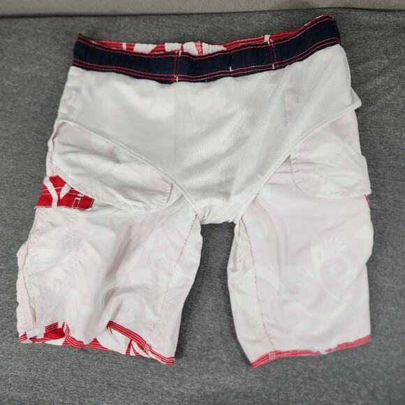Old Navy Hawaiian Swim Trunks M Mens Shorts Red White Cargo Pockets Hibiscus 10" - Picture 3 of 12